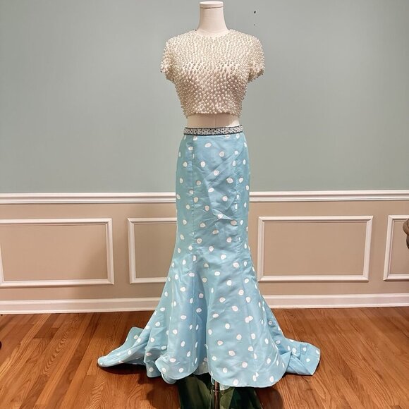Sherri Hill Two Piece Prom Dress sz 6 Mermaid Light Blue White32226 Retro Formal - Picture 5 of 16